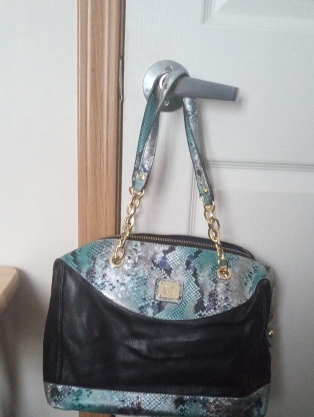Anne Klein Black and Teal Snake-Print Shoulder Bag with Gold Chain